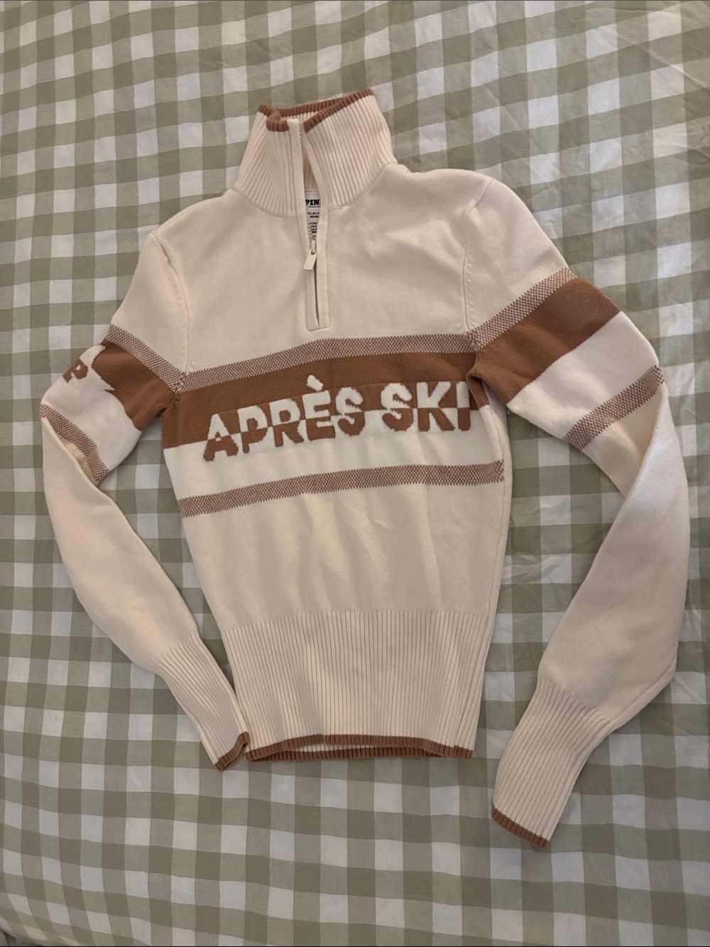 PINK Après Ski Half-Zip Knit Sweater - Cream & Brown